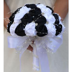 Bridal Wedding Bouquet Round Bling Brooch Bouquet Throw Toss Artificial Rose Flower Bunch for Bride Bridesmaid Wedding Quinceanera(White & Black, 6.3")