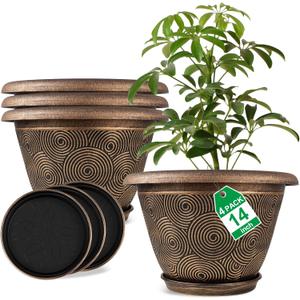 Fodetyff 14 Inch Large Planter Pot for Plants Indoor Outdoor, 4 Pack Plastic Flower Pots with Drainage Hole & Tray, Modern Decorative Garden Pot with Saucer, Plant Container for House, Gold, 14 inch-4 pack