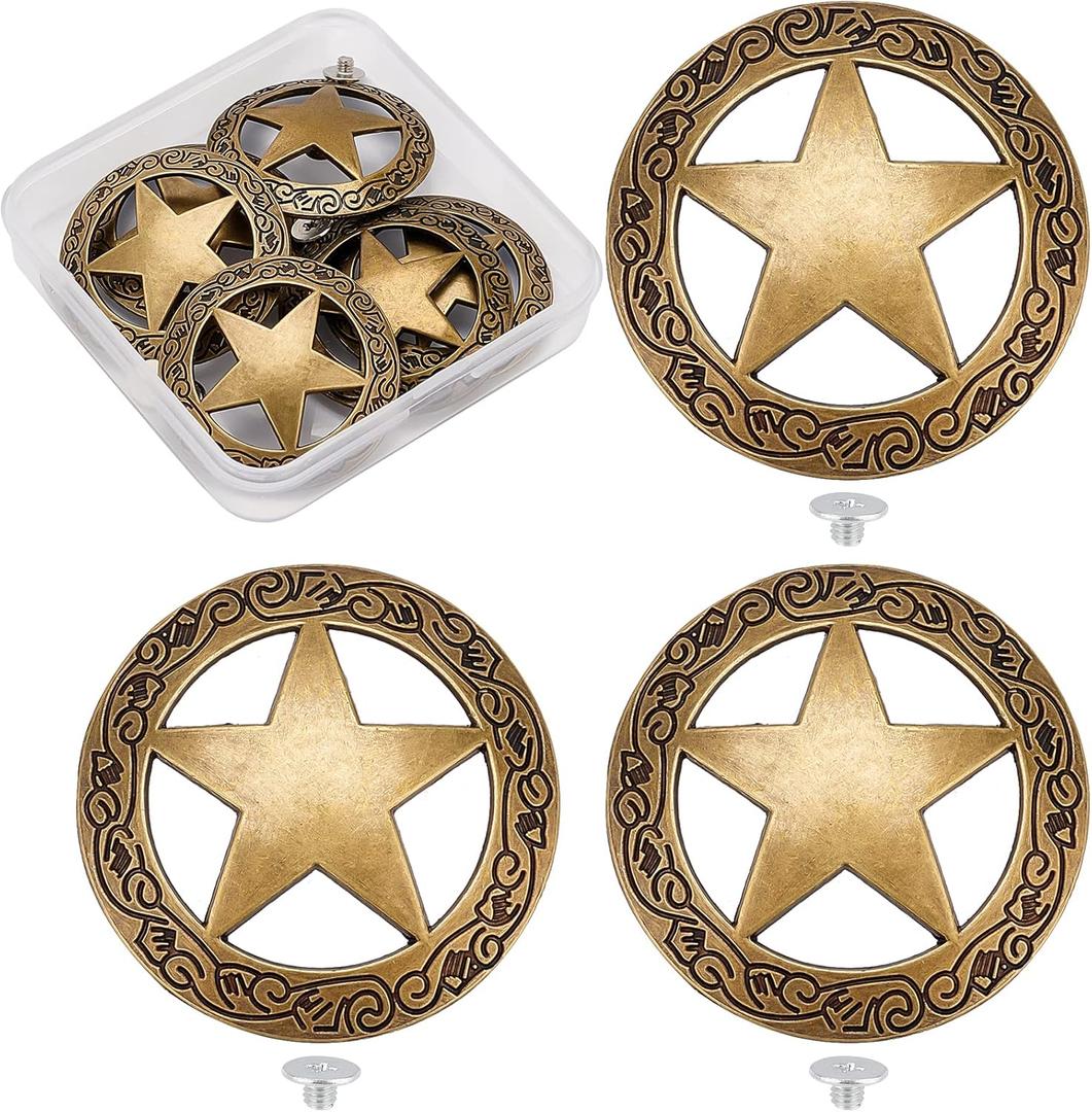 GORGECRAFT 1 Box 6 Sets Screw Back Button Engraved Star Concho Hollow Out Decorative Buttons Round Vintage Bronze Metal Tack Buckle Replacement Castings Western Rodeo DIY Leather Craft