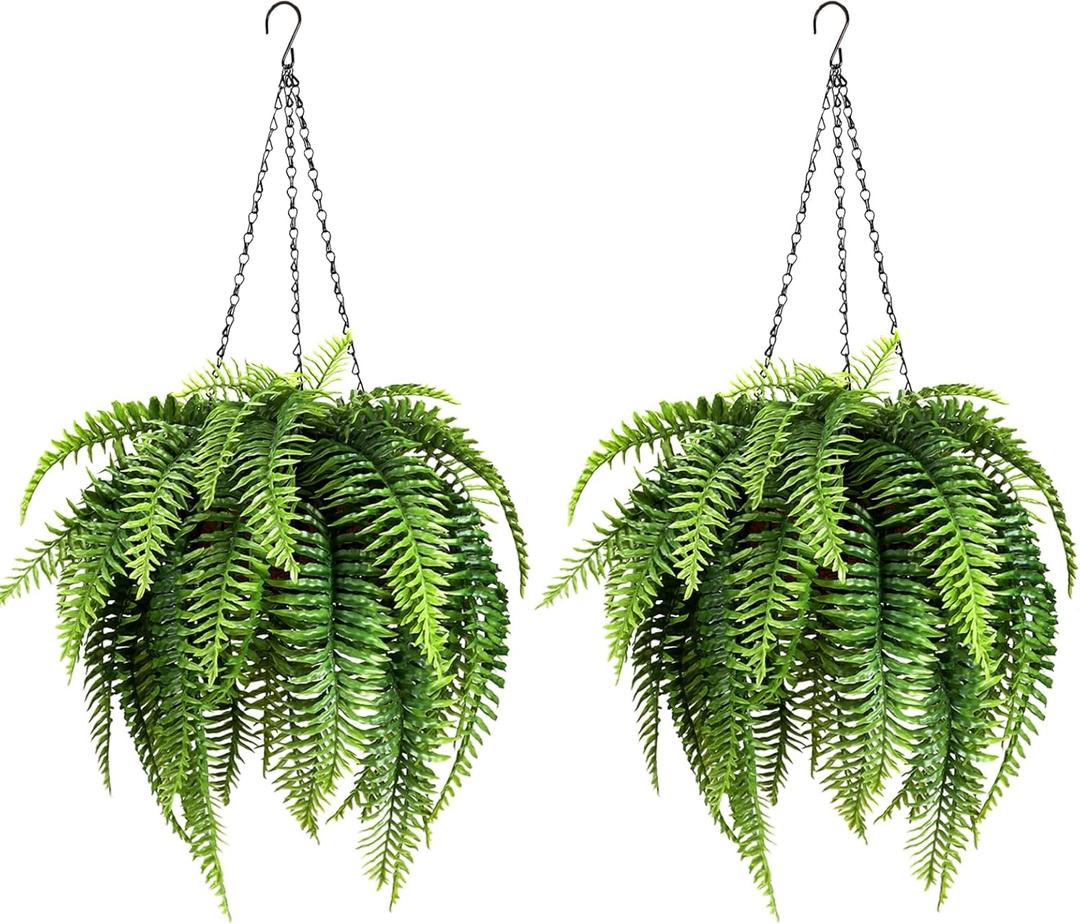 2 Set Fake Ferns with Hanging Baskets, Realistic Fake Hanging Plants, UV Resistant Artificial Ferns Outdoor Faux Plants for Front Porch Patio Garden Home Dcor, No Assembly Required