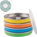 Elk and Friends Stainless Steel Divided Plates with Silicone Sleeve for Babies & Toddlers | Lids Included | Stay Put Suction | Dinner & Snack Plates | 4 Pack (Green/Orange/Blue/Yellow)