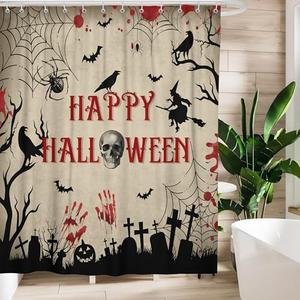 Halloween Shower Curtains for Bathroom Creepy Witch Bat Skull Gothic Spider Crow Pumpkin in Graveyard Shower Curtain Waterproof Fabric Happy Halloween Decoration Bathroom Curtain with Hooks 72"x72"