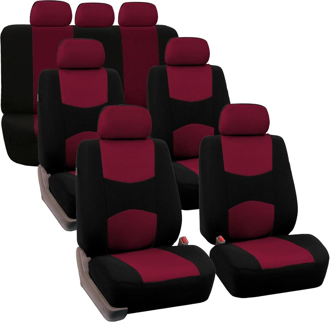 FH Group Flat Cloth Full Set Car Seat Covers Three Row 7 Seater - Universal Fit for Cars, Trucks & SUVs Burgundy