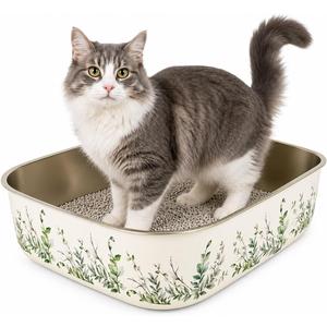 Extra Large Stainless Steel Cat Litter Box (23") – Hand-Painted Metal Litter Pan with Scoop, Odor Resistant, Non-Stick, Easy Clean (Pretty Plants)