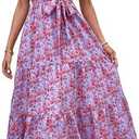 MASCOMODA Womens Summer Boho Maxi Dress Floral Wrap V Neck Flutter Short Sleeve Tie Waist A Line Tiered Flowy Long Dresses(Purple and Red, X-Large)