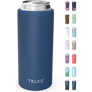 TILUCK Skinny Can Cooler for Slim Beer & Hard Seltzer, Stainless Steel, Double-Walled Stainless Steel Insulated Slim Cans, Standard 12 oz (Frosted Navy)