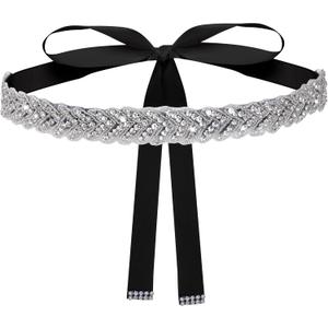 Bridal Rhinestone Wedding Waist Belt for Women Sparkly Belt Wedding Satin Sash for Special Occasion (Black)