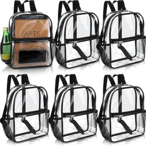 Sweetude 6 Pcs Clear Backpack bulk 11.4 x 9.5 x 5.1 Inch Bag Stadium Approved Plastic Transparent Backpack with 2 Water Holders (Black)