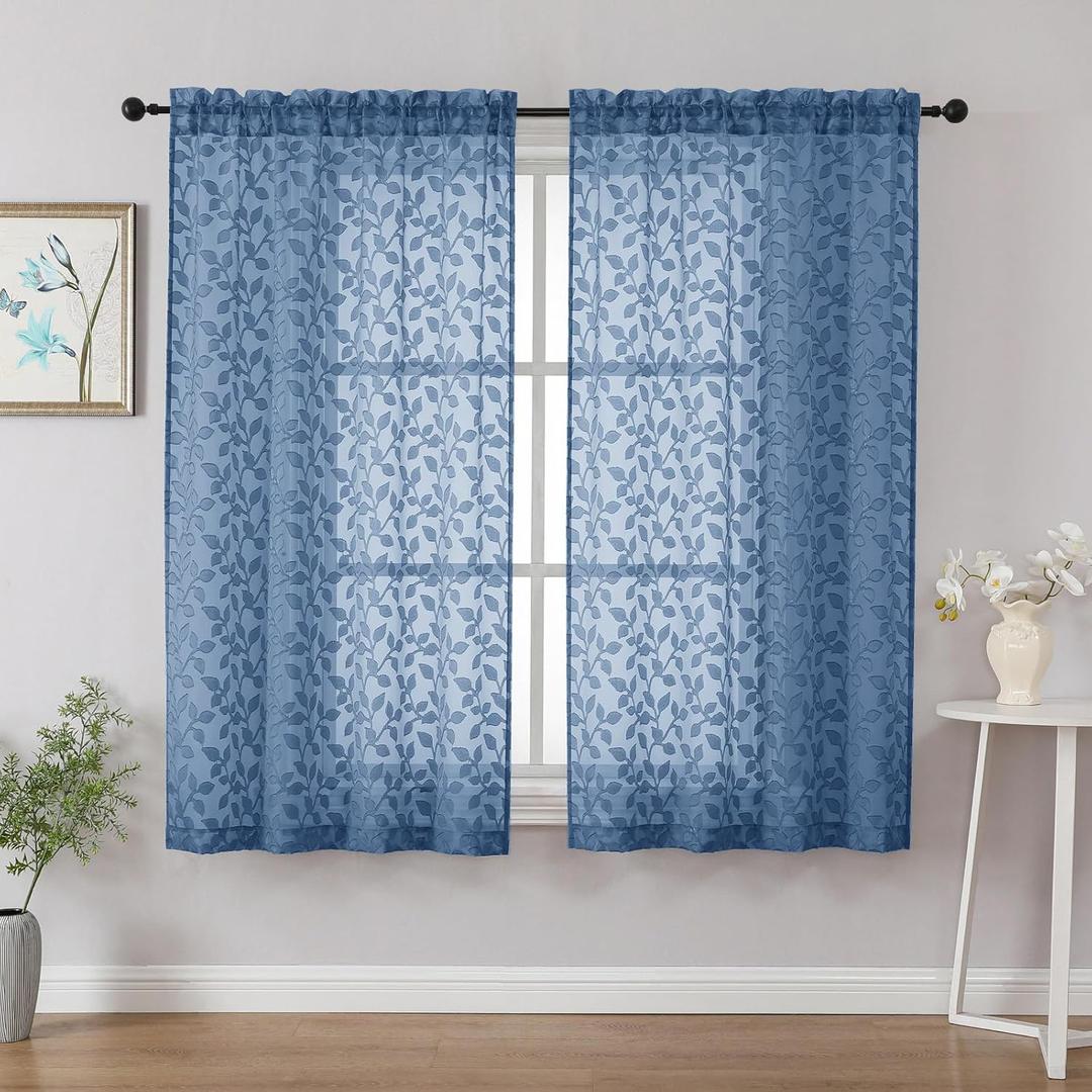 Chyhomenyc Dusty Blue Short Curtains 45 Inch Length 2 Panels, Light Filtering Leaf Textured Window Curtain Panels for Bedroom Living Room, Elegant Rod Pocket Farmhouse Curtains, 30" Wx45 L, 2 PCS