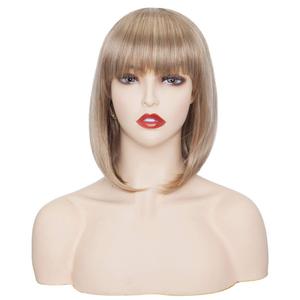 S-noilite Short Blonde Bob Wig with Bangs, Heat Resistant Synthetic Hair BOB Wigs for Women's Cosplay Costume Daily Halloween Party Straight (12inch, Dark Blonde Mix Bleach Blonde)