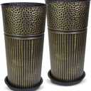 2 Pcs Pack 25 Inches Metal Tall Tapered Planter Pots Large Galvanized Steel Round Planter Flower Pot with Drainage Holes for Indoor Outdoor Deck Porch Garden Home Patio Front Door (antique bronze, M), Medium