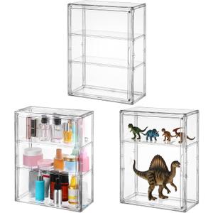 3 Pack Clear Acrylic Display Case, 3 Tier Showcase with Magnetic Door and Adjustable Shelves for Figures Collectibles, Wall Mount Or Tabletop