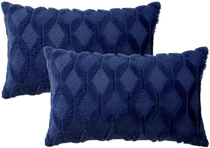 MIULEE Dark Blue Throw Pillow Covers 12x20 Set of 2 Decorative Farmhouse Couch Throw Pillows Boho Shells Cute Soft Plush Wool Winter Pillowcases for Bedroom Living Room Sofa