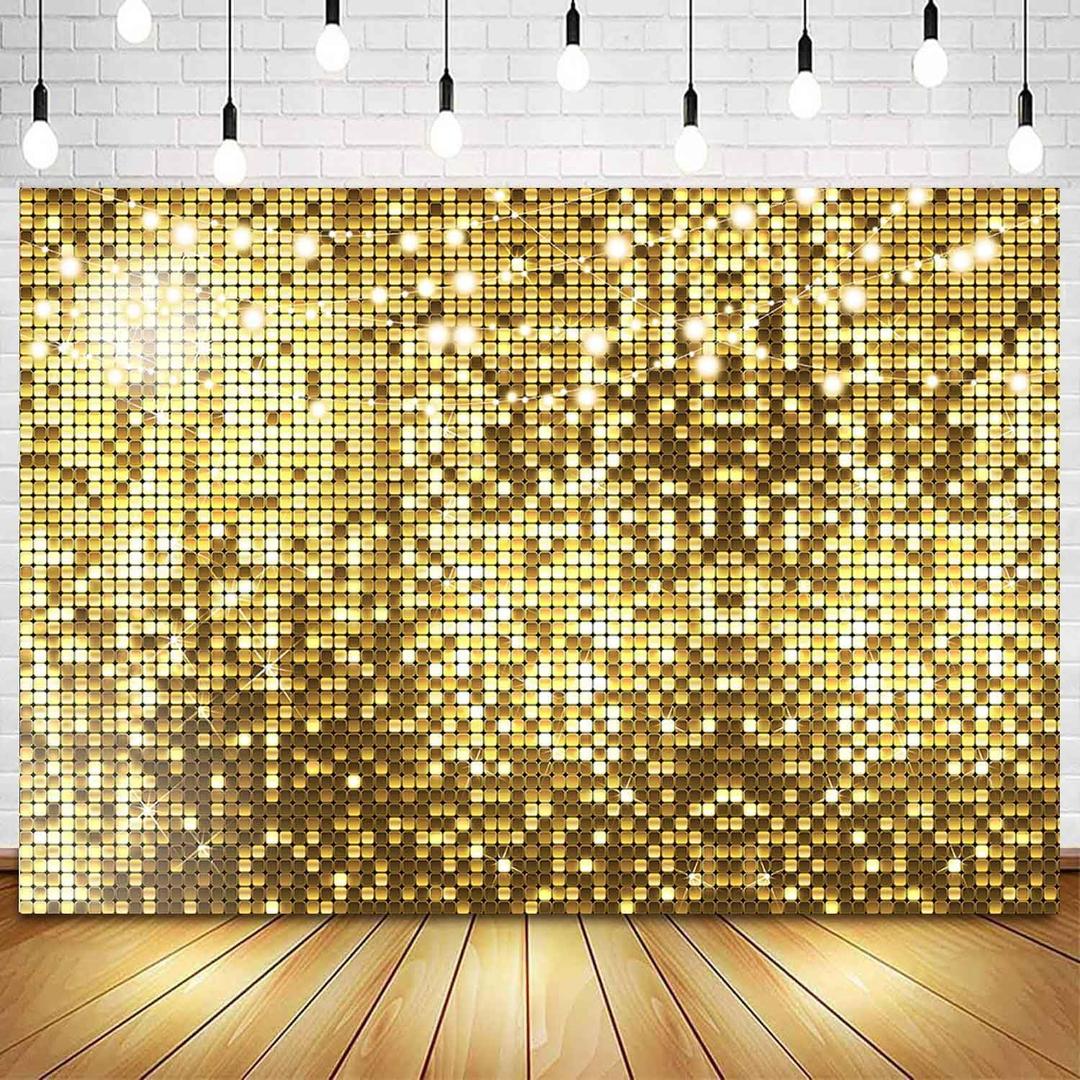 Gold Flash Backdrop Happy Birthday Golden Square Shimmer Wall Photography Background Girls Women 16th 18th 20th 21st 30th 40th 50th Birthday Party Decorations Photo Booth Banner 7x5ft