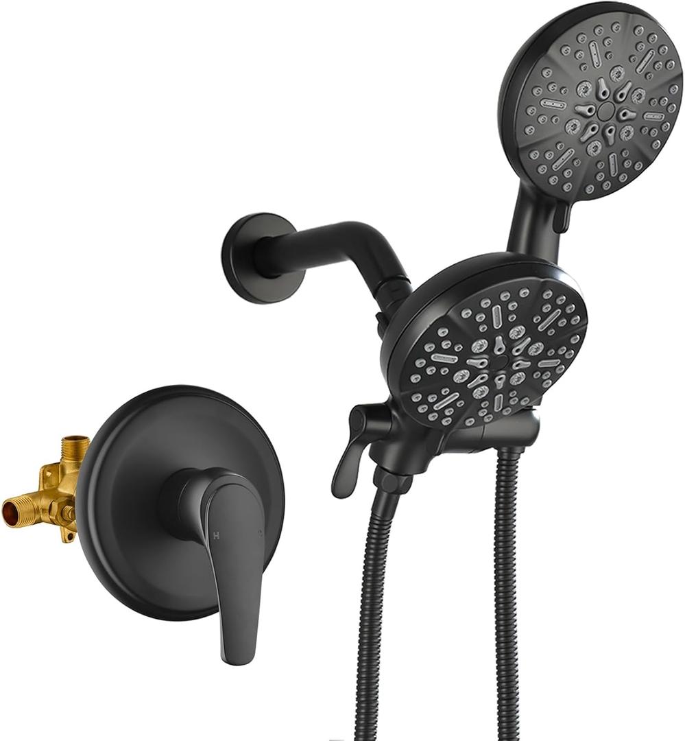 Dual Shower Faucet Set High Pressure Dual 2 in 1 Shower Combo Set Shower System with Handheld Showerhead 3-way Water Diverter Shower Trim Kit Matte Black
