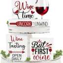 Tiered Tray Decorations - 4Pcs Theme Wooden Table Centerpieces Block Plaque Sign Tabletop Decorations for Home Kitchen Bar Desk Shelf Supplies Gifts