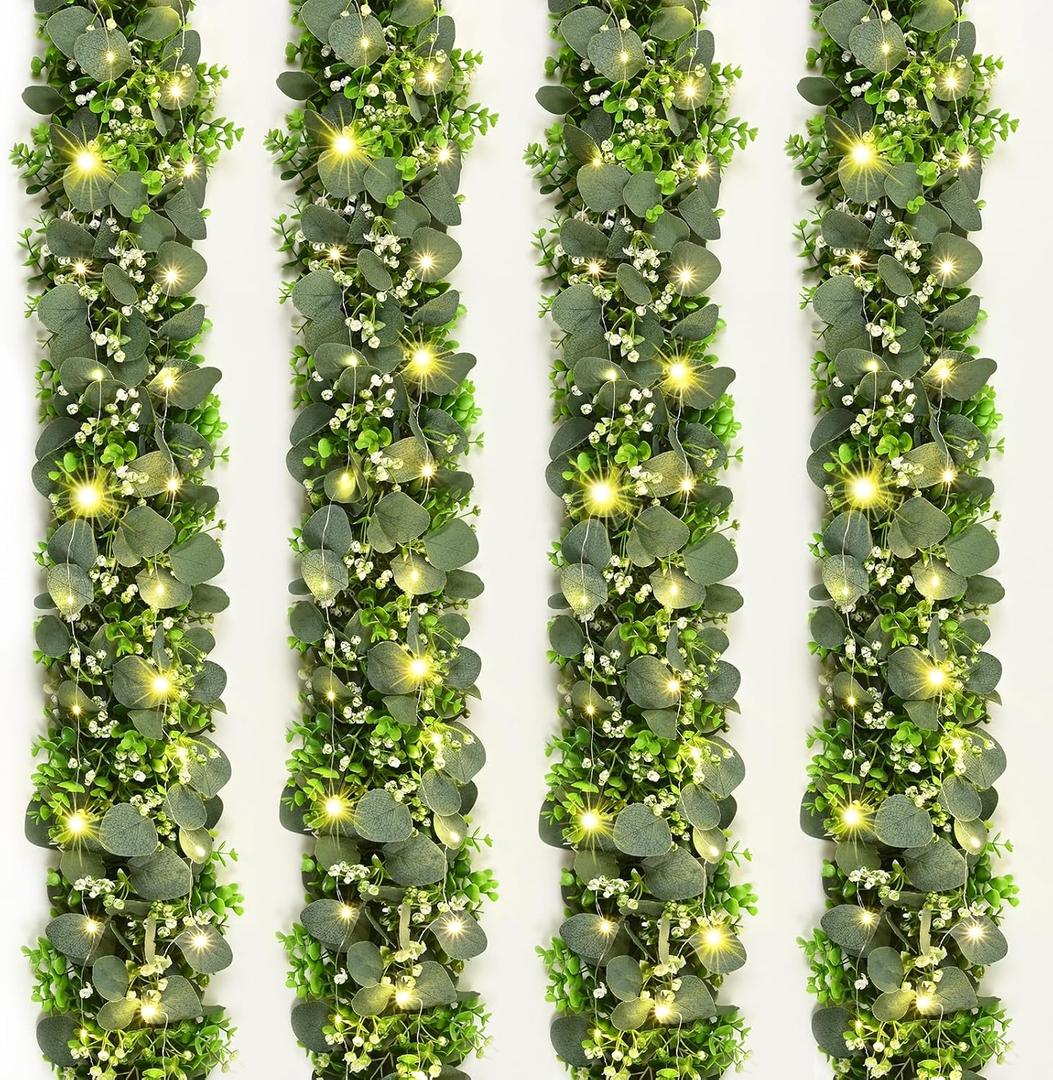 4Pcs Eucalyptus Garland with Lights, Greenery Garland, Green Garland with Flowers, 5.9FT Artificial Faux Eucalyptus Leaves Vines for Table Mantle Home Wedding Party Indoor Outdoor Decor