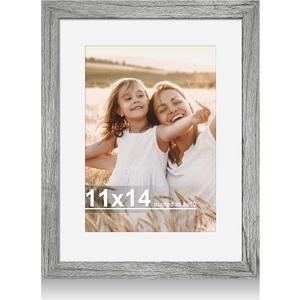 Hongkee 11x14 Picture Frame with Real Glass - 8x10 Wooden Frame with Mat, Horizontal and Vertical Display for Wall or Tabletop (Grey, 1 Pack)