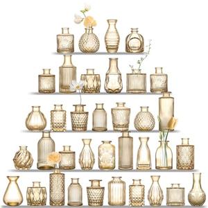 UPBUD Amber Glass Bud Vases Set of 24, Mini Flower Vase for Centerpieces, Small Gold Bud Vases in Bulk for Wedding Decorations, Vintage Vase for Table, Recepetion, Home Décor