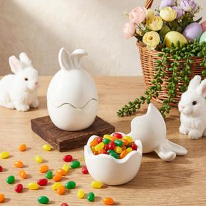 Meanplan 2 Pcs Easter Bunny Ceramic Cookie Jar Candy Dish with Lid Bunny Easter Egg Candy Jar Ornament Decorative Storage Container Rabbit Food Storage Canister Cookie Jars for Spring Party, 8.5 oz (White)