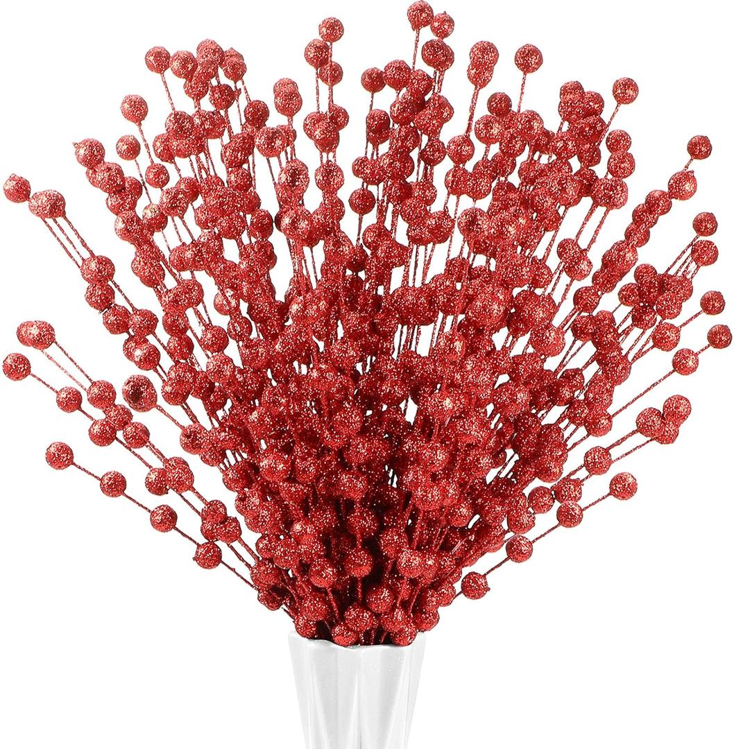Syhood 200 Pcs Glitter Berry Stems, 13.8 Inches Christmas Berry Picks Holly Branches for Christmas Tree Decorations, Holiday Ornaments Home Decor and DIY Crafts (Red)