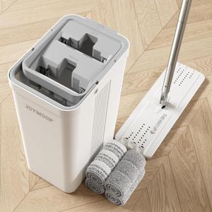 JOYMOOP Mop and Bucket Set with Wringer, Flat Mops for Floor Cleaning, Wall Mop Cleaner with Long Handle, Hardwood Floor Mop with 4 Microfiber Pads (White Bucket #2124 + 60" Flat Mop + 4 Pads)