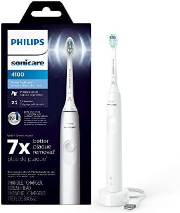Philips Sonicare 4100 Rechargeable Electric Toothbrush, with Pressure Sensor, 2 Intensity Settings, SmarTimer and QuadPacer, 14-Day Battery Life, White, Model HX3681/23