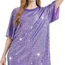 Sequin T-Shirt Dress Plus Size Sparkly Short Sleeve Party Club Dress Women Sexy Casual Shinny Backless Shirt Dresses (Small, Purple)