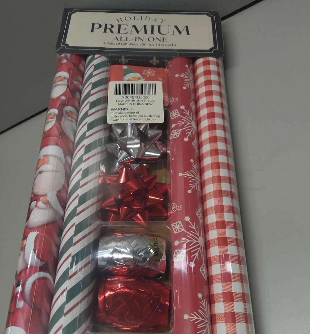 LaRibbons Christmas Wrapping Paper Set, Classic Santa & Snowflake & Plaid Design with Gift Bow & Ribbons & Tags, Perfect for Holiday, Season Party, 30 Inch X 10 Feet (4Rolls, 100 sq.ft.ttl.)