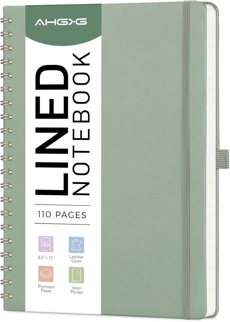 AHGXG Lined Spiral Journal Notebook for Women Men, 8.5" x 11", A4 Large, College Ruled, Hardcover Leather, 100 GSM Paper, Notebooks for Work School Note Taking Writing, Sage Green