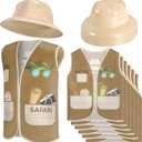 12 Pcs Kids Safari Dress Costume - 6 Safari Hats & 6 Vests for Theme Jungle Birthday & Halloween Parties