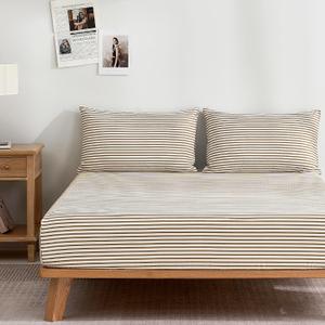 JELLYMONI Fitted Sheet King Size, 100% Cotton Bed Sheets, Soft & Breathable, Deep Pocket with Khaki Stripes (1 Piece), Machine Washable