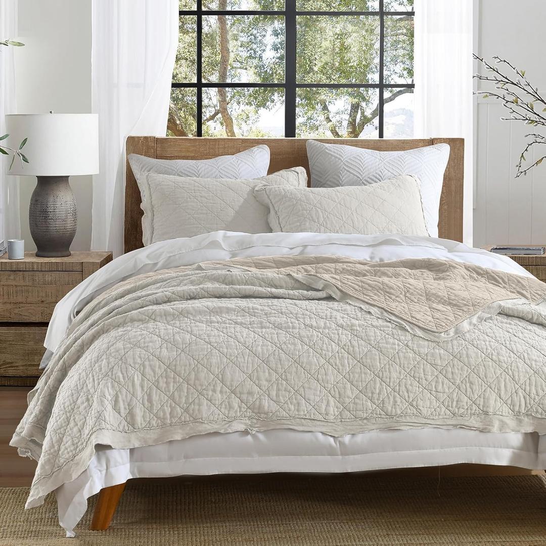HORIMOTE HOME 100% Linen Front/100% Cotton Back Quilt Set King Size, Beige Pre-Washed European Flax Linen Quilt, Diamond Stitch Bedspread Coverlet Bedding Set 3-Piece for All Seasons