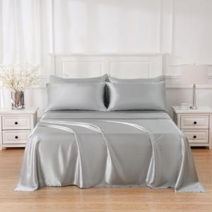 4 Piece Luxury Satin Bed Sheets Set with Pillowcases - Ultra Soft & Silky, Hypoallergenic & Wrinkle-Free, Hotel Quality Comfort Bedding, Size Queen, Medium Grey