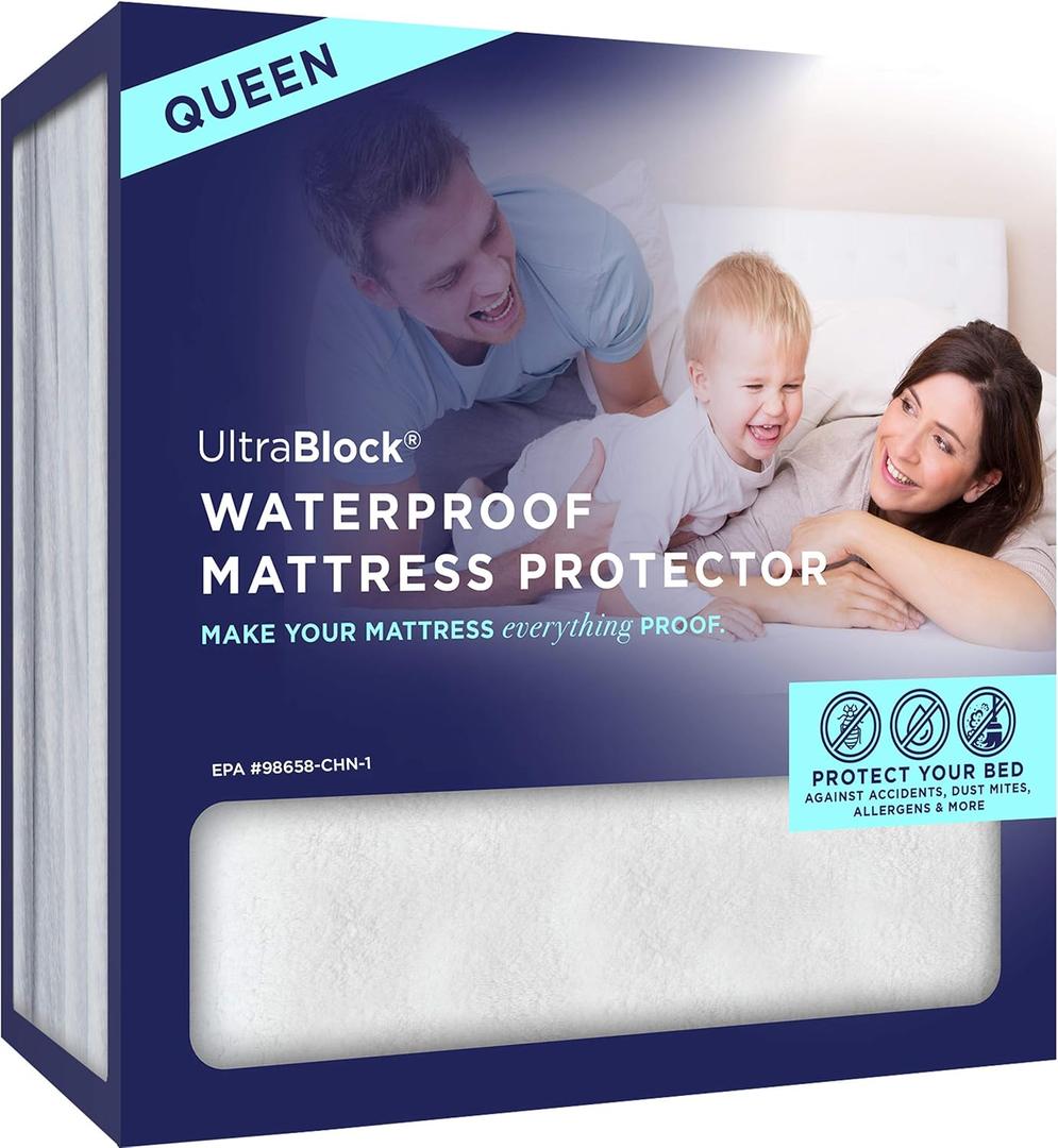UltraBlock Waterproof Queen Mattress Protector - Breathable, Noiseless, Vinyl Free, Deep Pockets, Anti-Bug, Soft Cotton