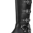 Athlefit Women's Knee High Riding Boots Fashion Buckle Square Toe Chunky Heel Wide Calf Biker Boots, Size 7