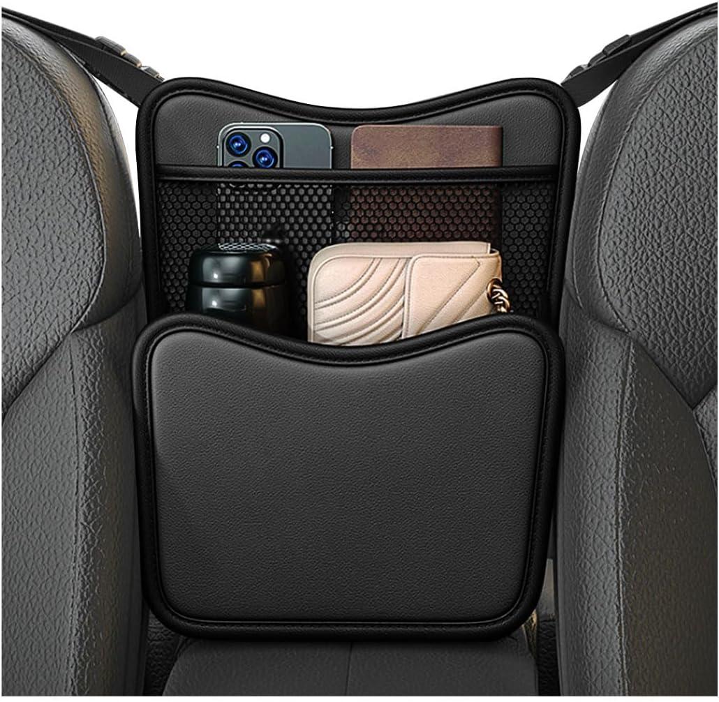 Car Organizer Storage Between Seats, Leather Car Console Hanging Storage Organizer with Mesh Pocket Tissue Box, Multi-Functional Large Capacity Headrest Holder Bag for Purse Snack (Black)