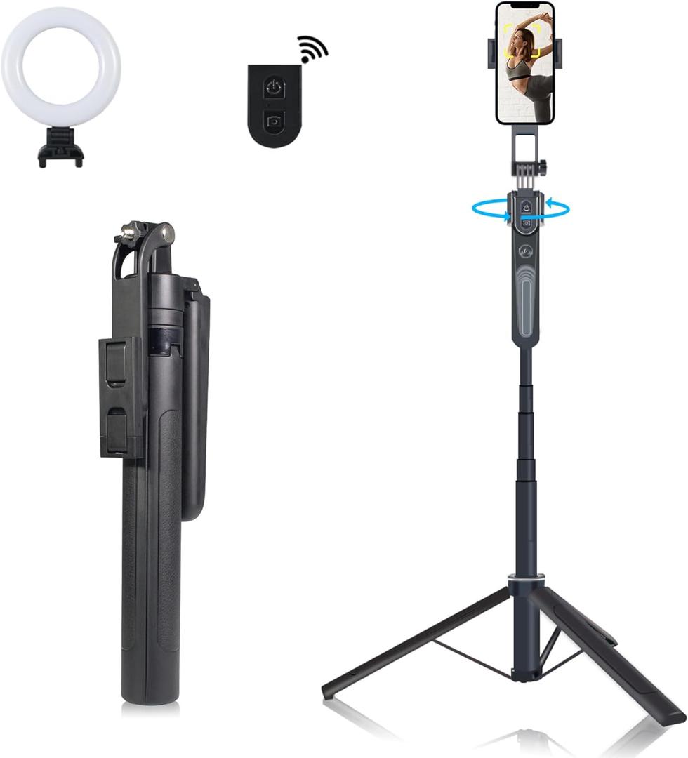 Extendable Auto Face Tracking Tripod Phone Stand, 360 Rotation Phone Stand with Light Tripod with Wireless Remote Cell Phone Smart Cameraman Shooting for Video, Vlog, Live Stream