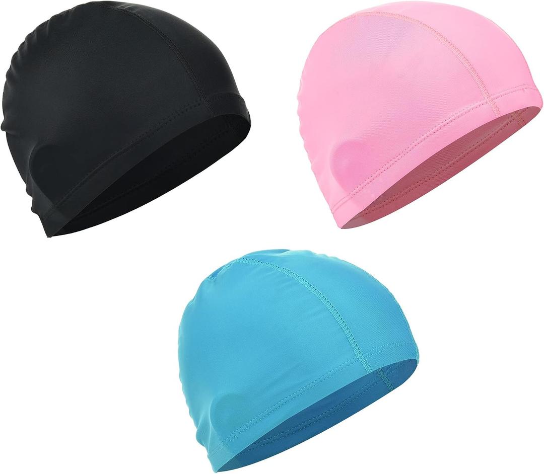 Cosmos 3 Pcs Elastic Stretchy Swim Cap Swimming Cap Breathable Fabric Swim Cap Comfortable Swim Hats for Men Women Adults Youth, Assorted Colors, One Size