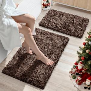 Yimobra Bathroom Rug Set 2 Piece, Luxury Shaggy Bath Mat Set with Non Slip Backing, Ultra Soft & Absorbent Mats for Bathroom Floor, Machine Washable, 31.5"x20"+24"x17", Brown