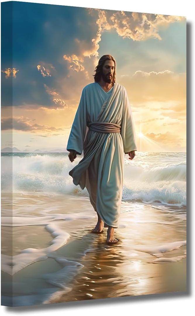 LZIMU Jesus Canvas Wall Art Jesus Walking on the Beach Picture Prints God Posters Catholic Artwork for Spiritual Room Bedroom Home Decor Framed (Jesus-3, 12.00"x18.00")