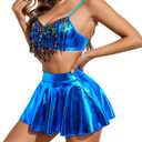 Avidlove Rave Outfits for Women Sequin Fringe Outfits Cosplay Lingerie 3pack Costume Set with Metallic Skirt (Small, Sky Blue)