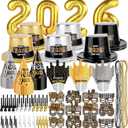148Pcs New Year's Eve Party Supplies for 48 Guest Black Gold 2026 Happy New Year Decorations Include Balloons Cone Hats Headbands Glasses Squawkers Beaded Necklaces Great Party Favors Photo Props
