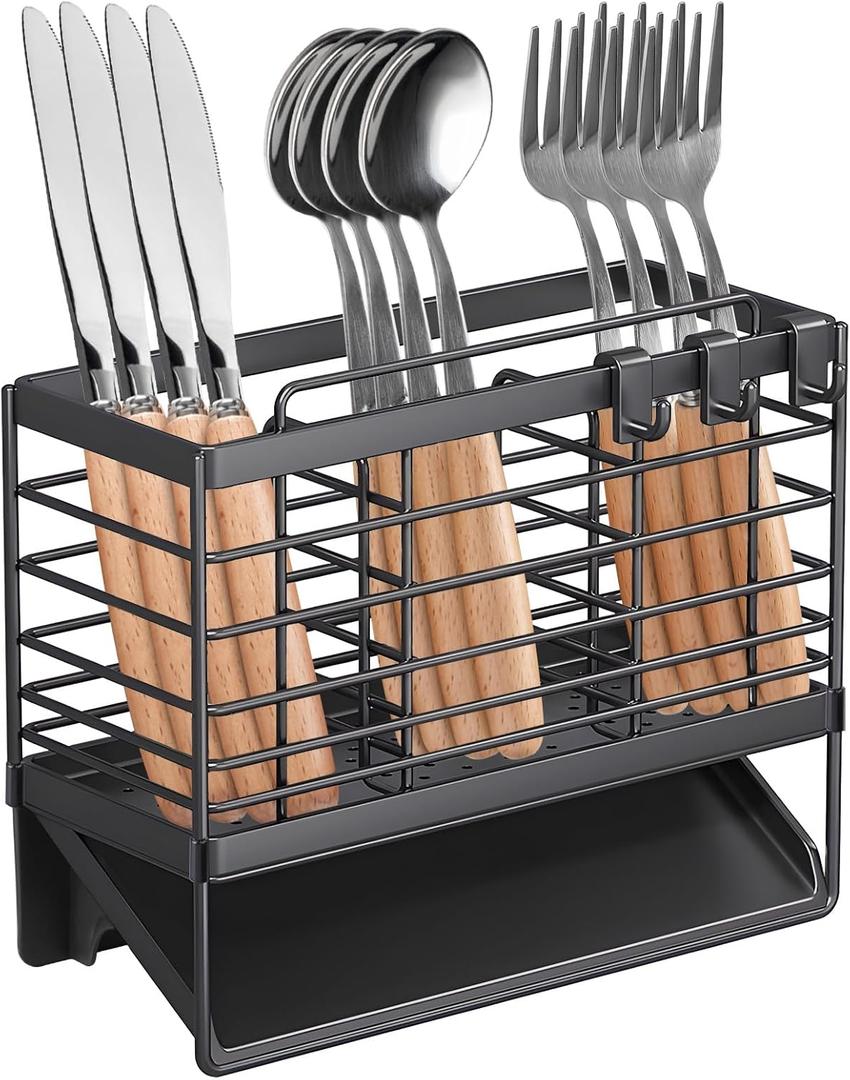 Utensil Holder, Stainless Steel Utensil Drying Rack with Plastic Automatic Drain Tray for Kitchen Counter, Compact Silverware Cutlery Drainer Basket for Spoons, Forks, Knifes, Chopsticks Organizer (Black)