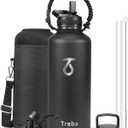 Trebo Water Bottle 87 oz with Paracord Handle, Double Wall Vacuum Stainless Steel Insulated Water Jug (Keep Cold 48hrs),Leakproof Flask Thermos For Hot Drinks with Straw Spout Lids, Black