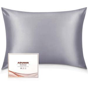 Adubor 100% Silk Pillowcase - Mulberry Silk Pillow Cases, 23 Momme 6A Grade Fibers, Silk Pillow Case for Hair and Skin Health, with Hidden Zipper (King 20''36'', Light Gray, 1PC)