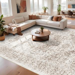 9x12 Large Area Rug - Vintage Washable Rug for Living Room with Non-Slip Low-Pile Traditional Medallion Border Rugs with Stain Resistant Foldable Retro Indoor Thin Rug (9' x 12', Beige)