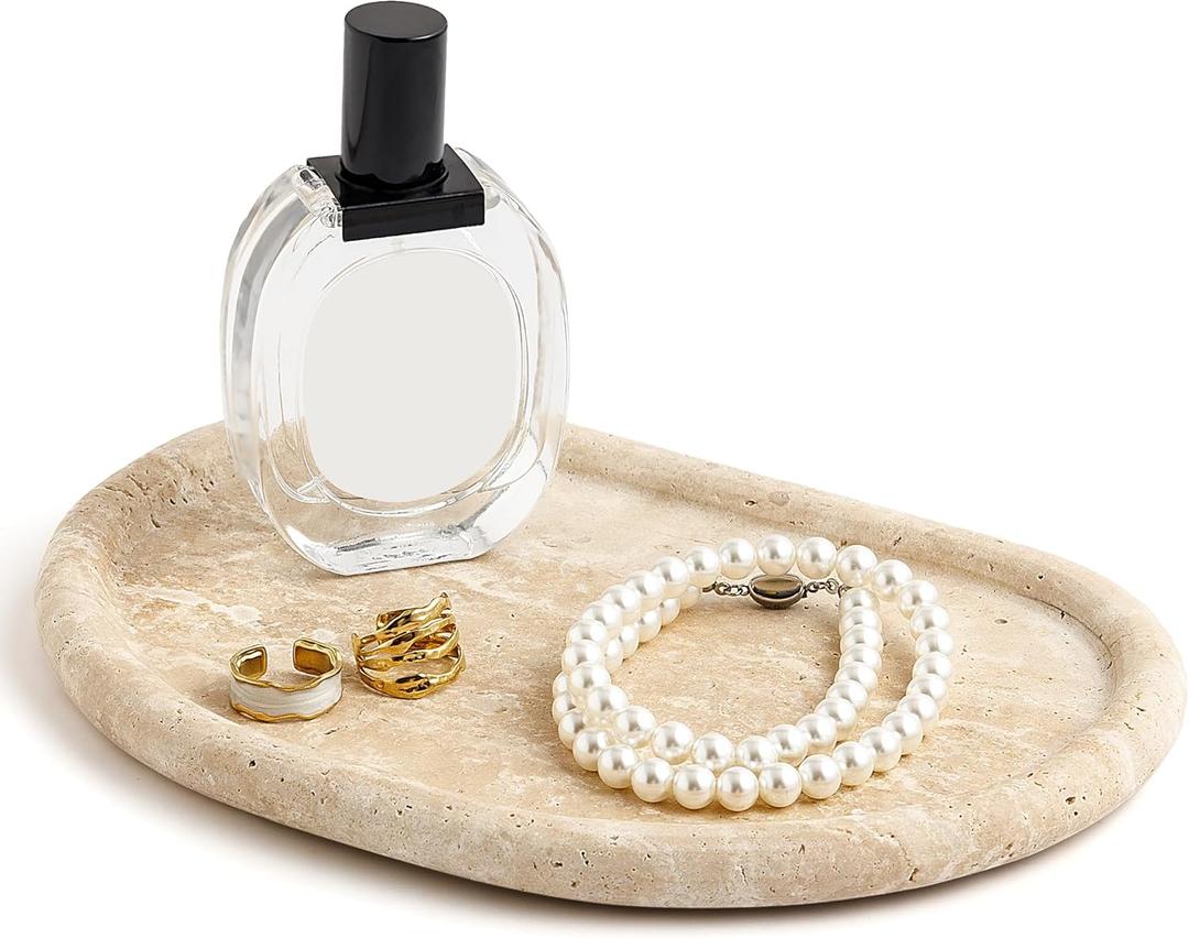 Natural Travertine Tray, Special-Shaped Jewelry Tray, Marble Ring Dish for BathroomCountertop, Nightstand,Dressing Table, Bedside Table, Home Decor, Beige(Middle) (10.6" x 7.4" x 1.5")