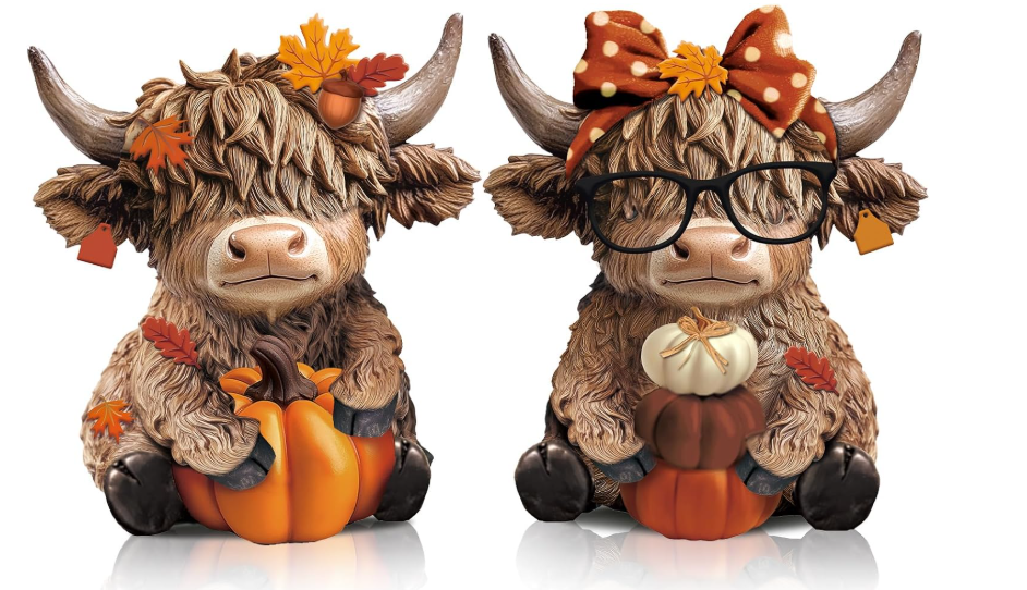 2 Pcs Fall Highland Cow Figurines Resin, Autumn Tabletop Decor
Cute Seasonal Home Decorations for Mantel Shelf Desk, Thanksgiving Harvest Theme Ornaments, Office Decorative Accents