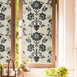 Vintage Yellow Grey Black Damask Flower Stained Glass Window Films Decorative Double-Side Privacy Film Self-Adhesive Static Glass Clings Stickers for Living Room Bathroom Glass Windows Decor (Wf-013)